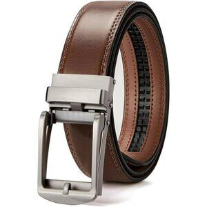 Mens leather ratchet belt adjustable slide buckle dress casual trim to fit